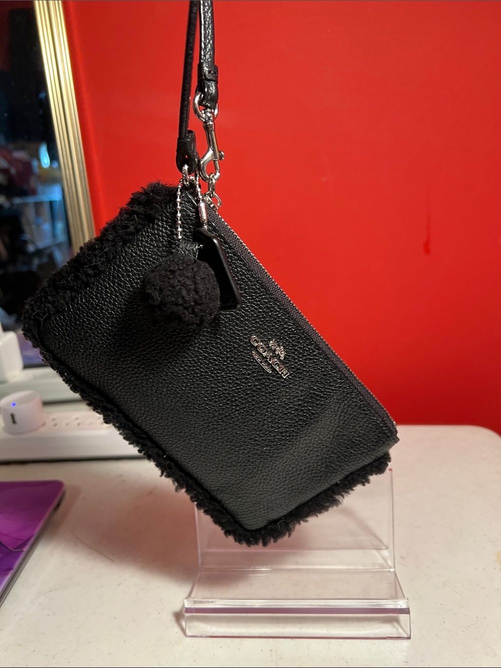 Coach Black Pebbled Leather Shearling-Trim Wristlet - Picture 7 of 14